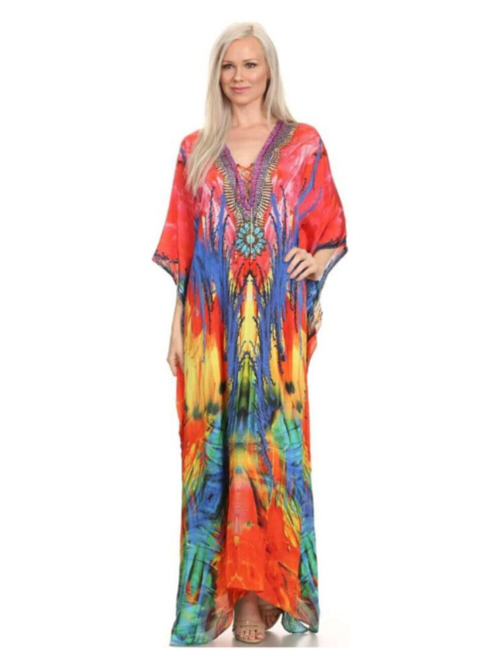 Sakkas Anahi Flowy Design V-Neck Long Caftan Dress Pink & Orange Women's Size OS